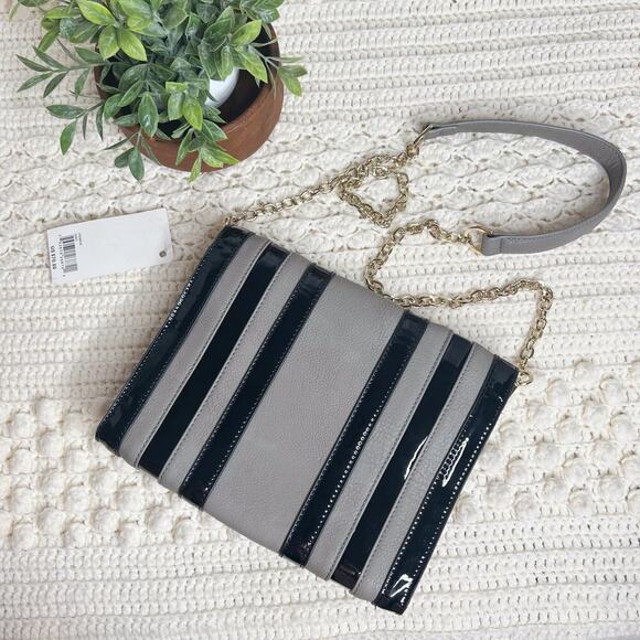 BIG BUDDHA Women's Gray Temple Black Patent Leather Chain Strap Handbag NWT - Picture 4 of 13